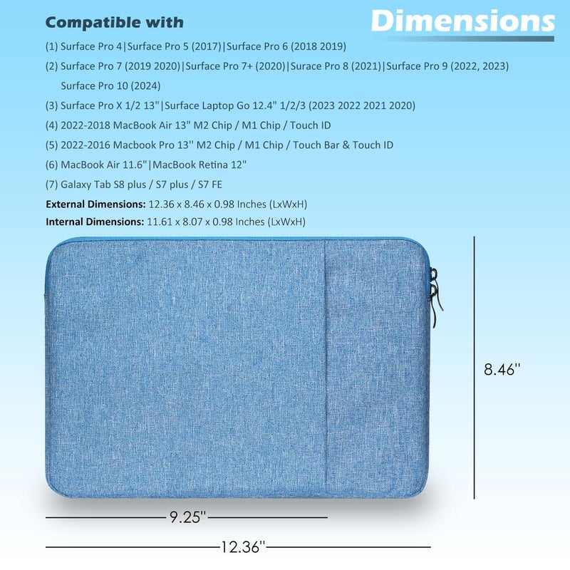 ProElife 12-Inch Laptop Tablet Sleeve Case Canvas Cover for 2023-2014 Surface Pro 4/5 / 6/7 / 7+ / 8/9|Surface Laptop Go 1/2/3 12.4"|MacBook Air/Pro 13'' M1|Galaxy Tab S8+/S7+ Bag (Blue) - Image 2